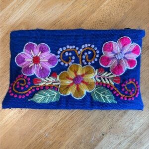 Handmade Peruvian Embroidered Floral wool pouch Bag in Blue